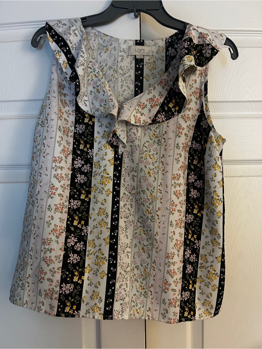 LOFT Floral Stripe Ruffle Sleeveless Camisole - White, Black, Yellow, Pink